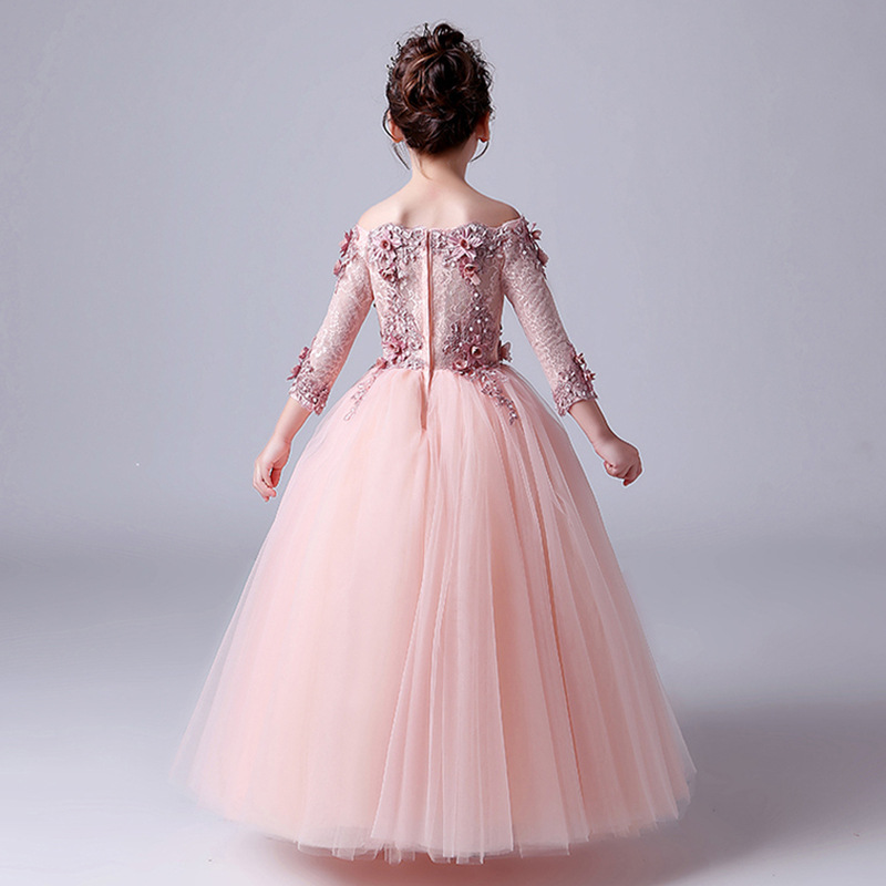 Girls Off-The-Shoulder Long Dress Princess Ball Gown Evening Performance Costume Flower Girl Birthday Emcee Dress_voghion.com