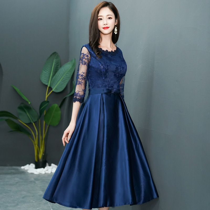navy blue Evening Dress Women's 2024 Summer New Mid-length Banquet dress Slimming Lace Long-sleeved Gown