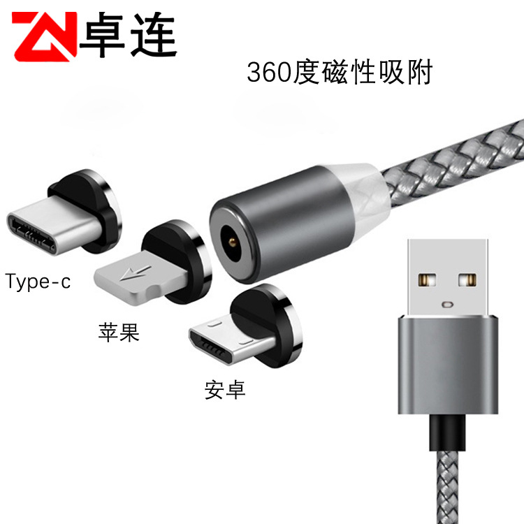 LED发光圆形盲吸磁铁磁吸数据线Type-c充电线三合一数据线