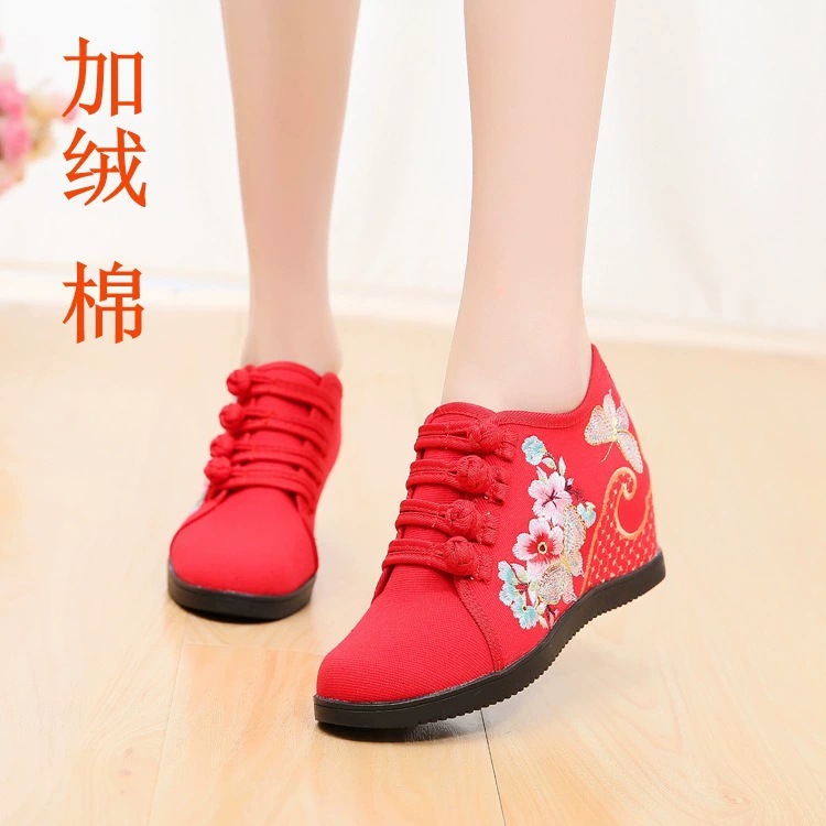 Новая утолщенная бархатная хлопковая бабочка мечты в этническом стиле с двойной пряжкой, парусиновая танкетка 7 см, женская обувь для новобрачных на высоком каблуке