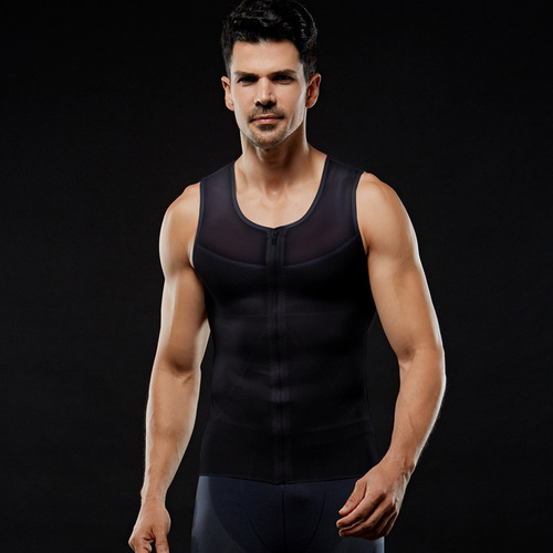 Manufacturer European and American ultra-light and breathable men's elastic mesh zippered tummy control slim vest body shaper NY044