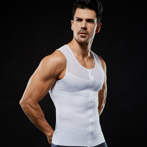 Manufacturer European and American ultra-light and breathable men's elastic mesh zippered tummy control slim vest body shaper NY044