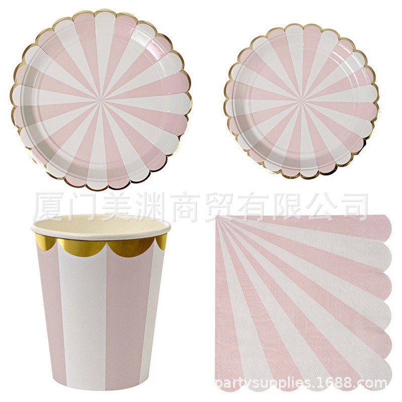 Bronzing High-end Disposable Tableware Set Pink Striped Paper Plate Cup Napkin Party Carnival Tableware Supplies