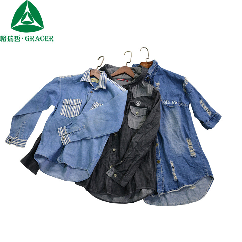 二手衣服跨境 早秋韩版短款文艺牛仔衬衫修身打底衫杂款现货斤称