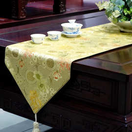 定制做丝绸缎面红色桌旗中式古典风餐桌旗流苏刺绣中国风餐桌布台