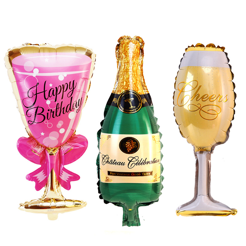 Decoraciones para fiestas, botellas de vino y copas, decoraciones para fiestas, arreglos de cumpleaños, globos de aluminio, decoraciones para fiestas con botellas de vino y copas.