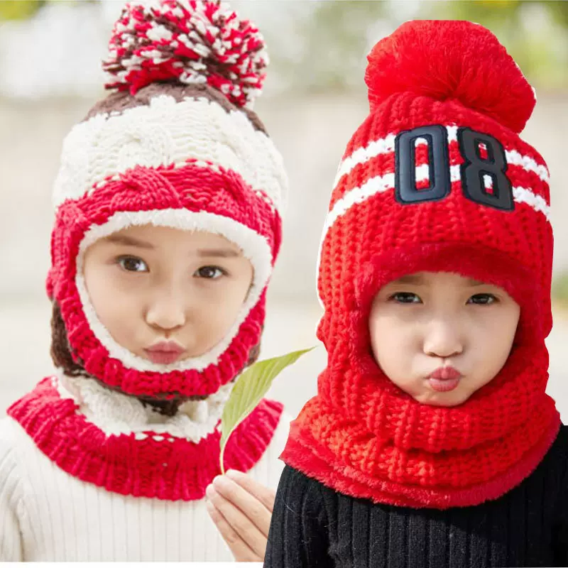 秋冬加绒套帽 男士针织帽子围脖两件套冬天护耳亲子毛线帽子批发