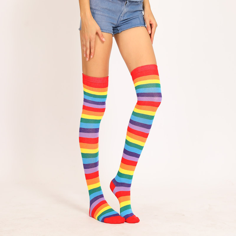 2025d Red Colorful Rainbow Striped Over-the-Knee Socks Extra Long Style_voghion.com