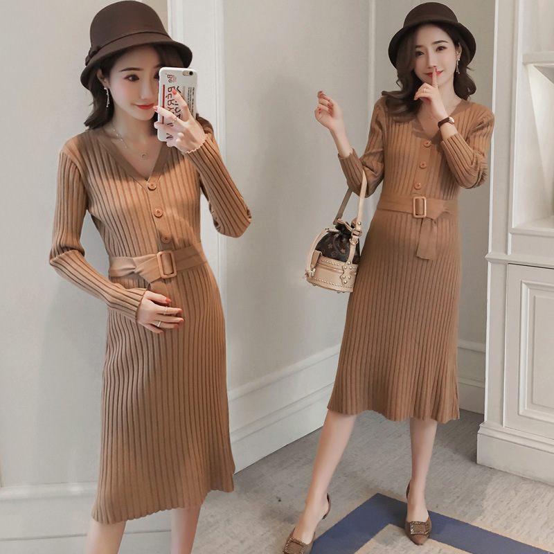 Maternity Wear 2026 Autumn and Winter New Sweater Korean Style Elastic Slim Fit V-Neck Knitted Dress Trendy Mom Fashion