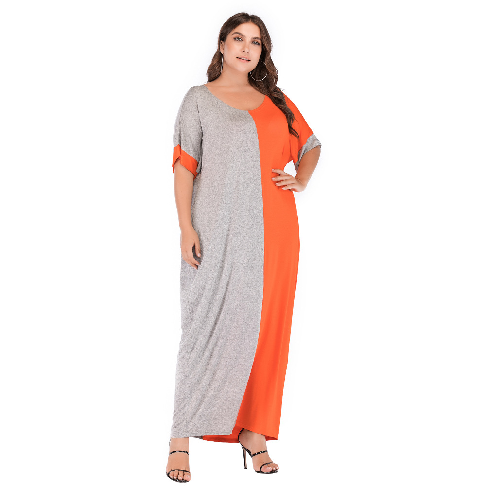 Summer New Plus Size Women's Loose Color-Block Round Neck Short Sleeve Dress Arabic Clothing JR3311_ecoleips.com