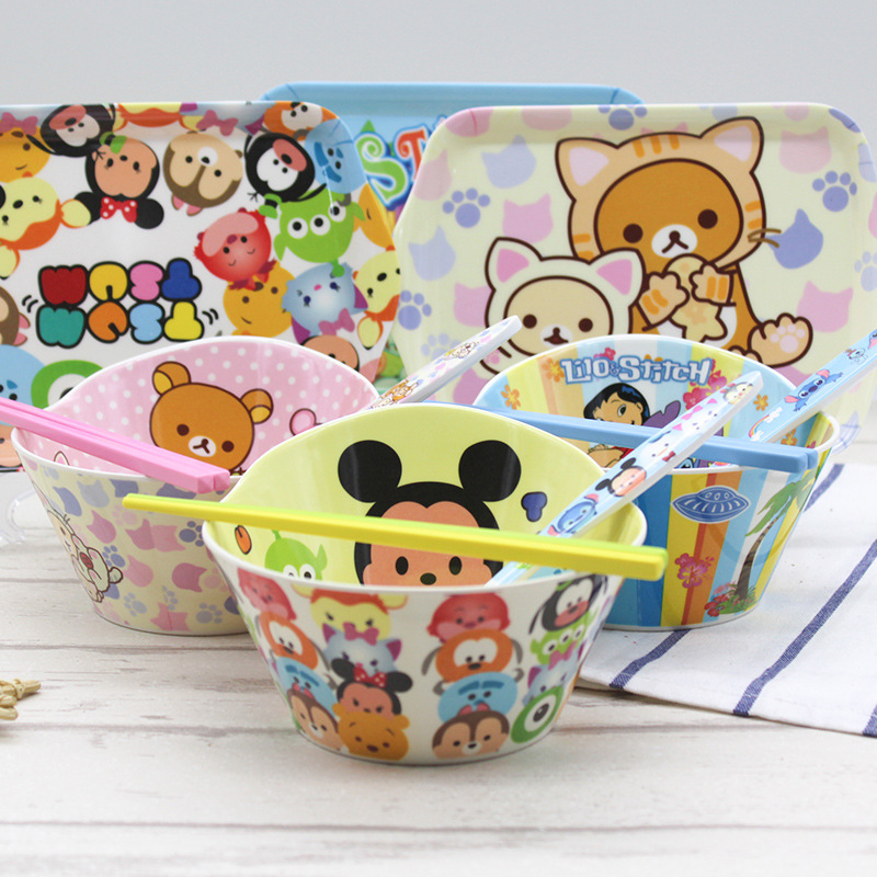 Cartoon melamine imitation porcelain children's tableware set four-piece baby eating bowl fruit plate cake snacks plate chopsticks