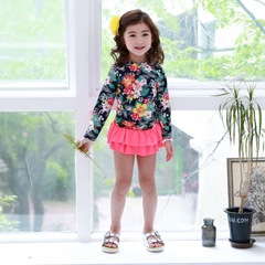 Children's A-line Swim Gown, Separate Style, for Girls, Middle and Big Children, Long Sleeve, Sun Protection, Quick Drying, Large Floral, Cute Baby Swimwear