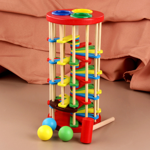 Children's falling ladder knocking ball small hammer knocking toys infant early education educational wooden percussion piling table ball falling ladder