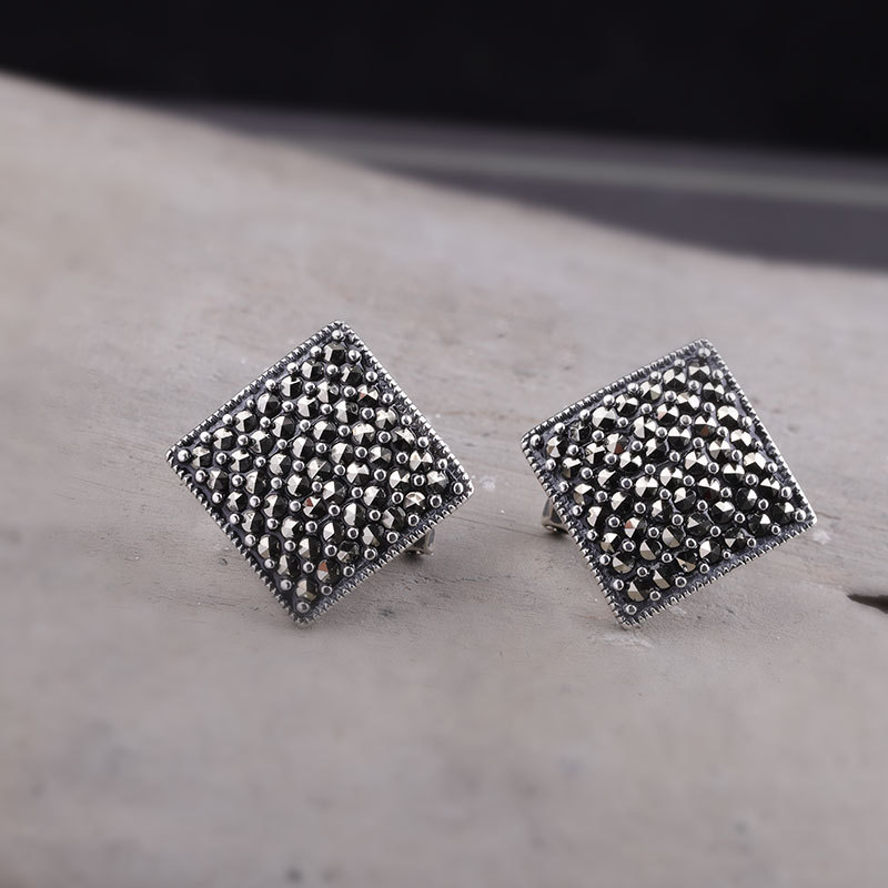 Human Silver Thai Silver Wholesale S925 Silver Jewelry Simple Women's Small Version Square Mark Stone Plain Silver Ear Buckle