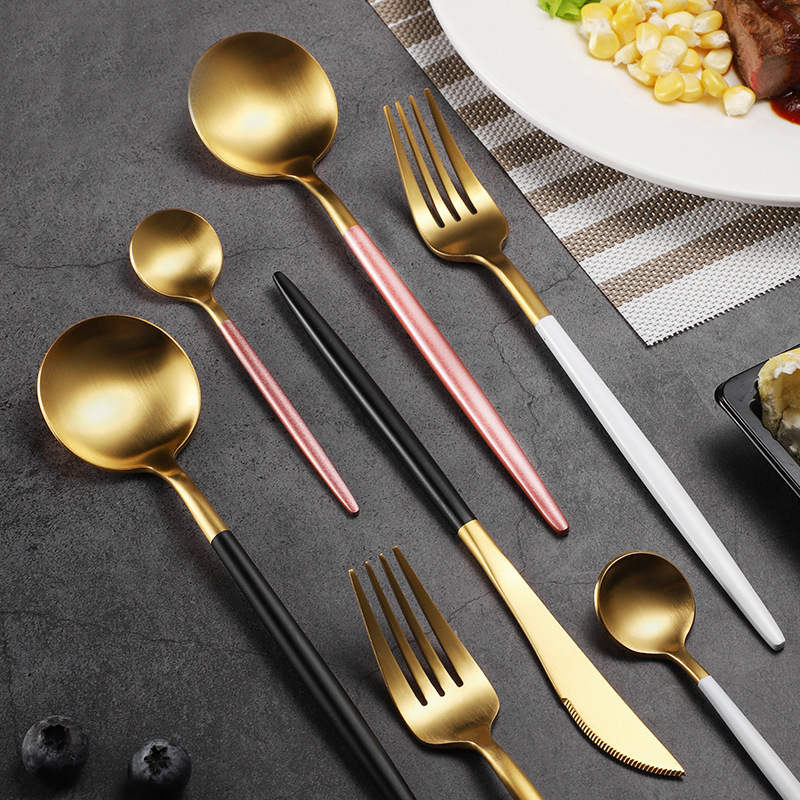 304 Food Grade Stainless Steel Portuguese Tableware Knife, Fork and Spoon Four-Piece Set Gold-Plated Spoon Scandinavian Western Food Knife and Fork Set