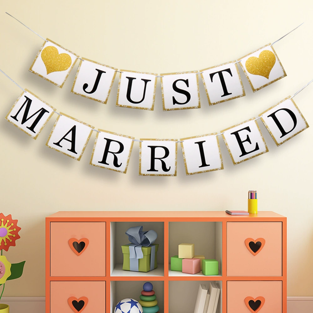 Надпись JUST MARRIED с блёстками, розовое «любовь» и флажки, украшение для свадьбы, декор свадебного зала