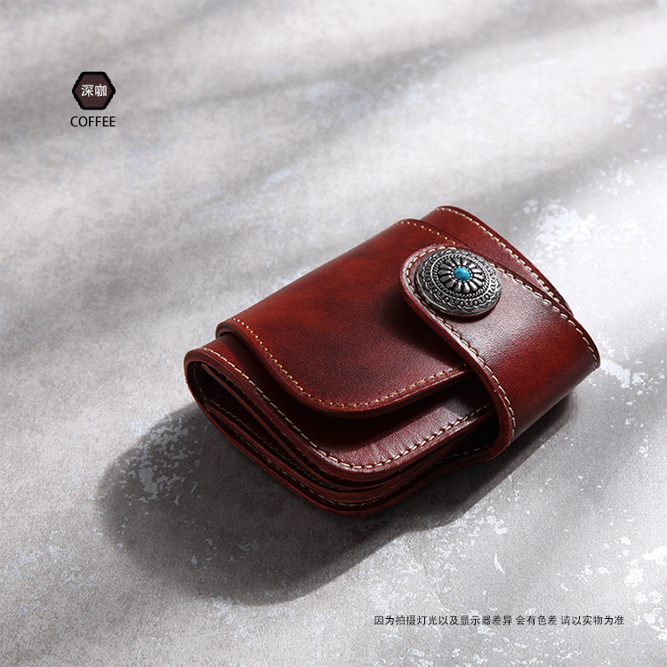 2024 en stock nuevo retro hecho a mano cuero genuino billetera de los hombres cuero curtido vegetal corto cuero turquesa un estilo Mei tela fortuna