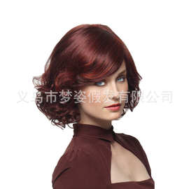 亚马逊热卖 欧美假发女短发 披肩斜刘海小卷发型酒红色 厂家直销