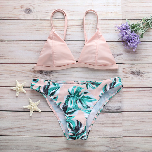 Wish Beach Bikini Swimwear, European and American Sexy Green Leaf Print Swimsuit