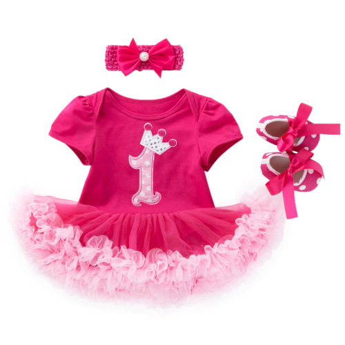 Cross-border  new summer dress for baby girl holiday cartoon short-sleeved rose red dress three-piece suit birthday skirt