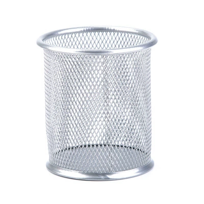 Pen holder metal mesh desk organizer, round/square, 11×10×11 cm, multiple colors