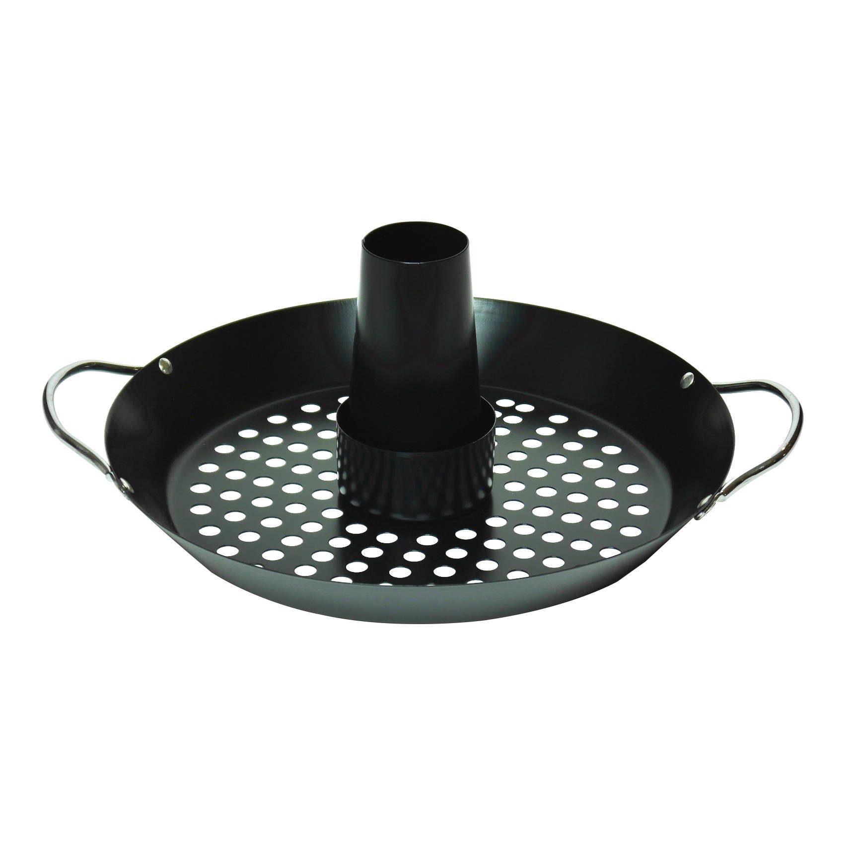 Directo de fábrica de 12 pulgadas negro antiadherente pintura pollo asado tazón barbacoa al aire libre portátil ronda barbacoa pollo asado plato al por mayor