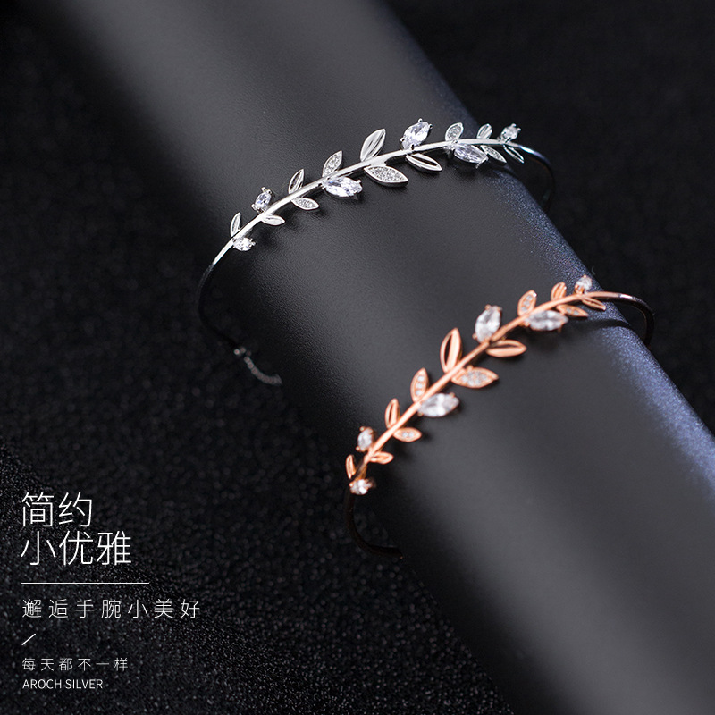 S925 pulsera de plata para mujeres coreanas pequeñas hojas de diamantes frescas ajustables joyas de hoja de oliva S2776