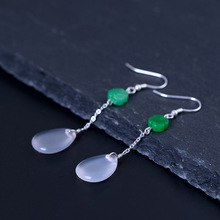 创意手工925银干青四叶花耳环女款民族风diy玉髓水滴长款耳坠饰品