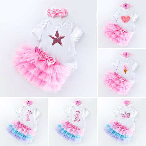 Factory Direct Sales Cross-Border Baby Clothing 0-2 Years Old Girls Birthday Festival Suit Short Sleeve Blouse Six-Layer Skirt Set