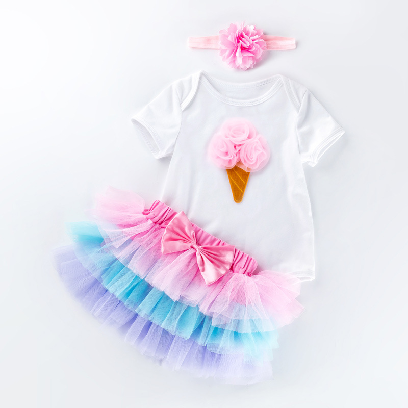 Venta directa de fábrica: Conjunto de vestido para el primer cumpleaños de bebé niña, pelele de manga corta, falda de seis capas, accesorio para el cabello, conjunto de fiesta de 3 piezas.