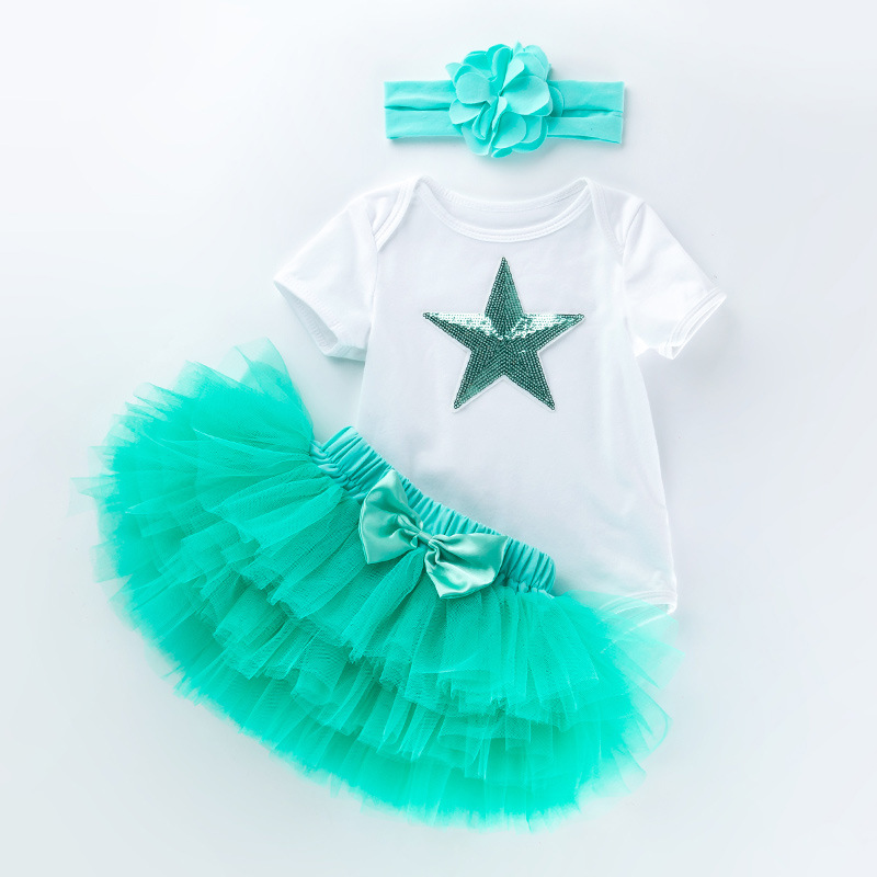 Venta directa de fábrica: Conjunto de vestido para el primer cumpleaños de bebé niña, pelele de manga corta, falda de seis capas, accesorio para el cabello, conjunto de fiesta de 3 piezas.