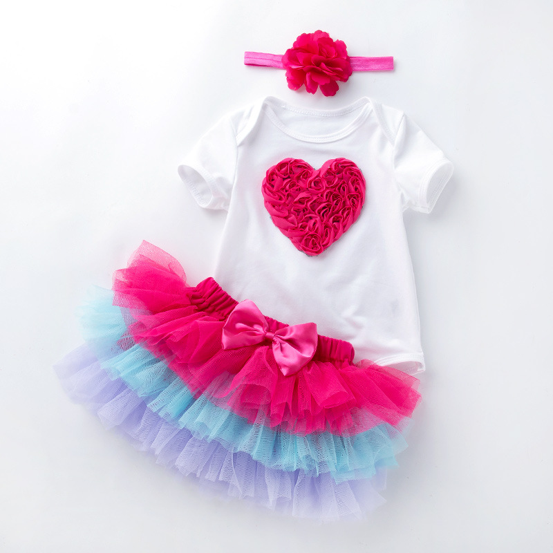 Venta directa de fábrica: Conjunto de vestido para el primer cumpleaños de bebé niña, pelele de manga corta, falda de seis capas, accesorio para el cabello, conjunto de fiesta de 3 piezas.
