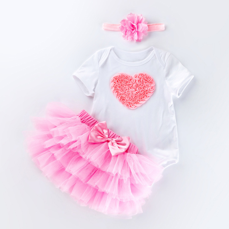 Venta directa de fábrica: Conjunto de vestido para el primer cumpleaños de bebé niña, pelele de manga corta, falda de seis capas, accesorio para el cabello, conjunto de fiesta de 3 piezas.