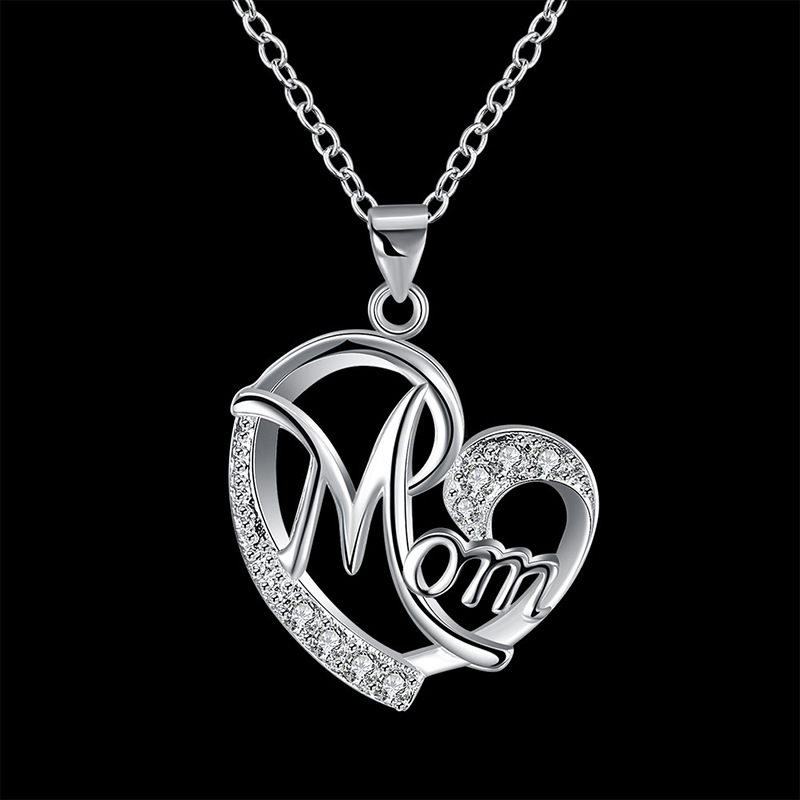 AliExpress deseo transfronterizo europeo y americano collar mamá en forma de corazón madre en forma de corazón de melocotón corazón clavícula cadena diamante incrustado carta collar