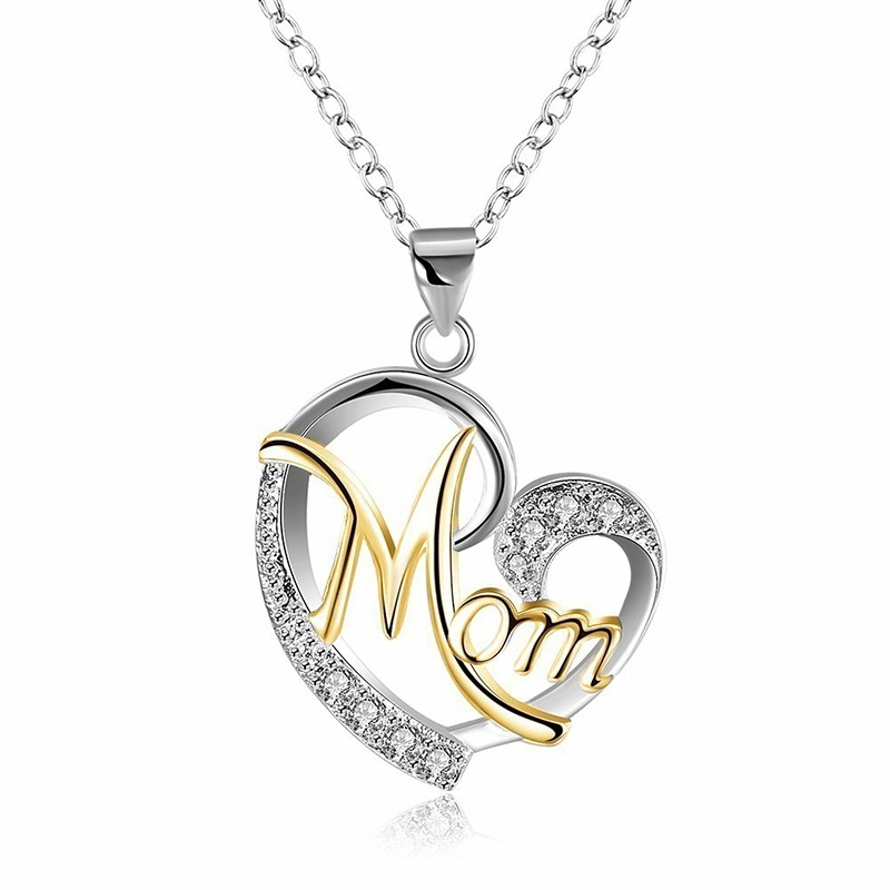 AliExpress deseo transfronterizo europeo y americano collar mamá en forma de corazón madre en forma de corazón de melocotón corazón clavícula cadena diamante incrustado carta collar