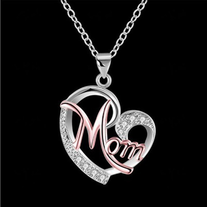 AliExpress deseo transfronterizo europeo y americano collar mamá en forma de corazón madre en forma de corazón de melocotón corazón clavícula cadena diamante incrustado carta collar
