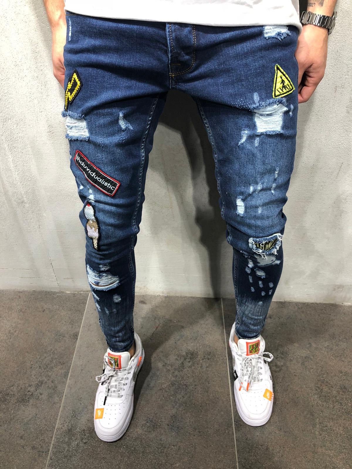 Men's Clothing hot men's hip hop high end tight fit ripped foot pants new men's badge slim fit jeans_voghion.com