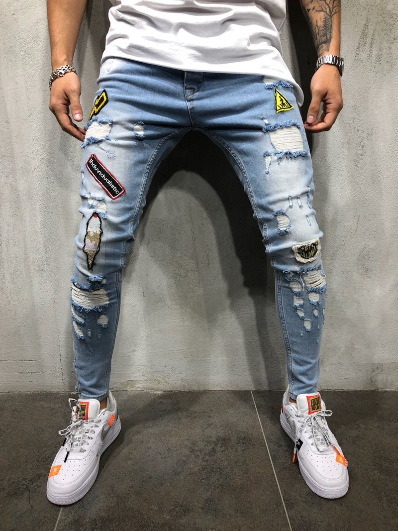 Men's Clothing hot men's hip hop high end tight fit ripped foot pants new men's badge slim fit jeans_voghion.com