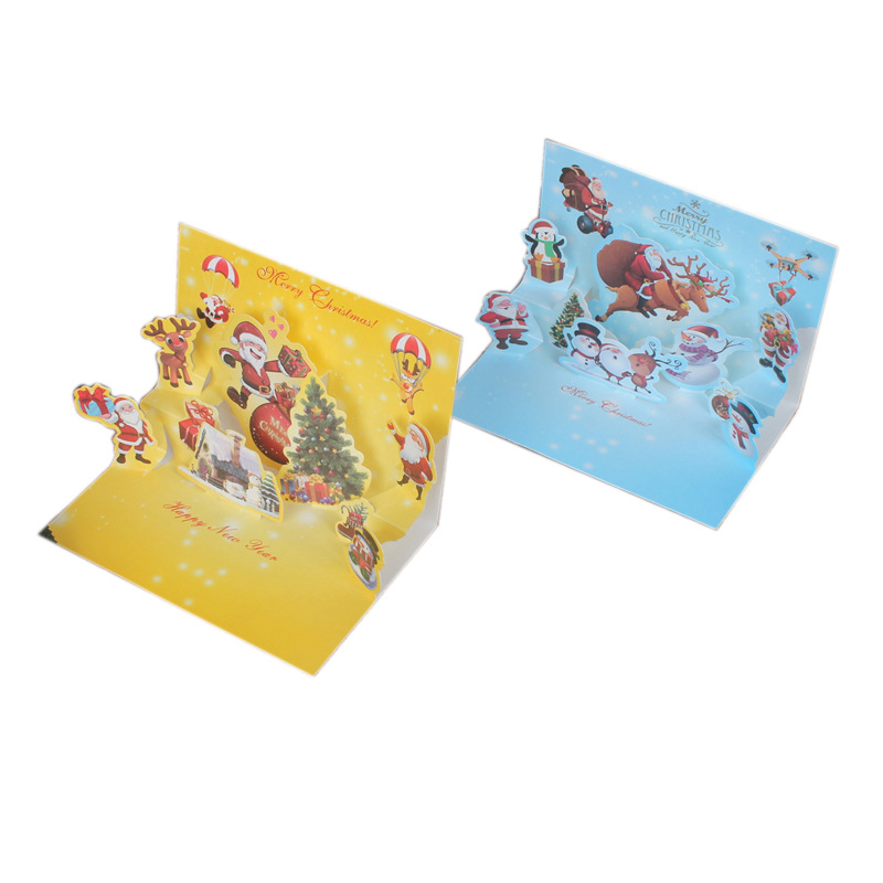 En stock creativo 3D dorado Navidad tridimensional tarjeta de felicitación de dibujos animados Santa Claus muñeco de nieve bendición mensaje tarjeta pequeña