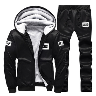 Cross-border suit men's winter trend Korean-style 2020 new hooded velvet men's sweater leisure sports suit D80