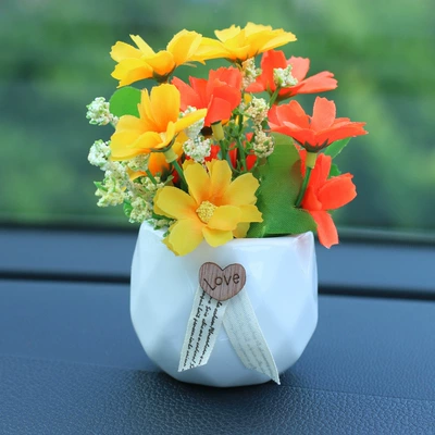 Car ornaments | aromatherapy accessories - yellow-orange-and-blue-chrysanthemum-white-bottle