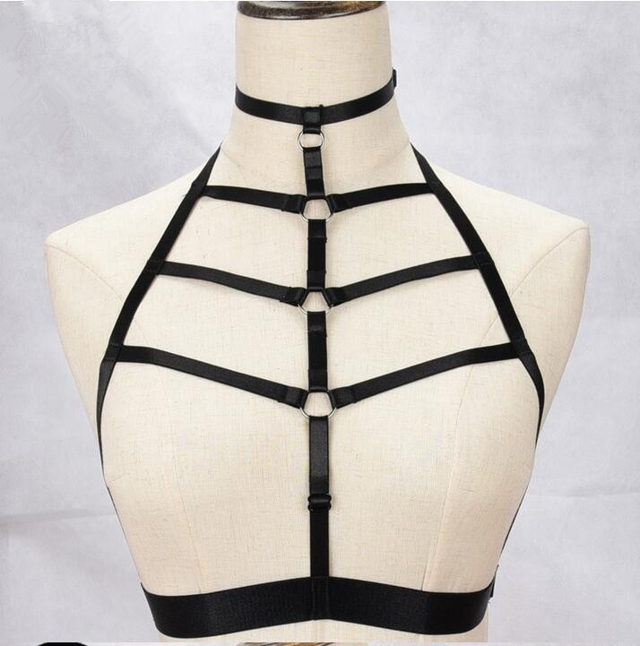 Gothic women's cage underwear black elastic adjustment top cage binding bra sexy body harness cage bra