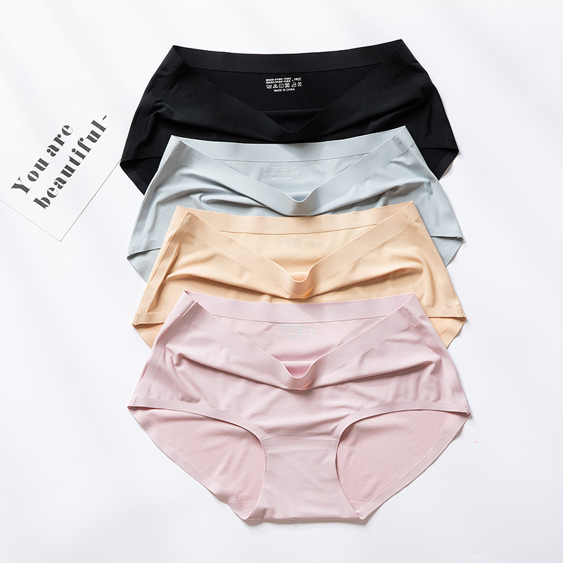 [Ice silk seamless] Mid-waist ladies underwear large size summer briefs breathable and comfortable invisible cotton bottom crotch