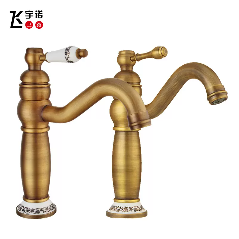 黄铜欧式面盆水龙头 卫生间加高台上盆龙头 仿古单孔冷热混水龙头