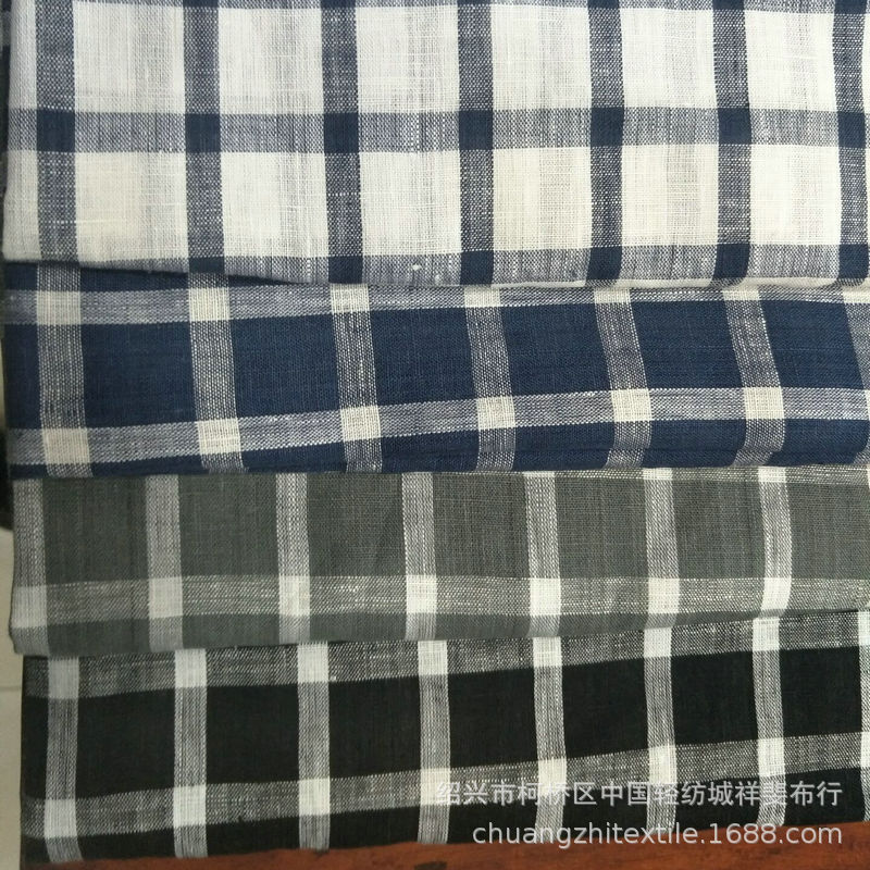 纯亚麻色织面料 格子布亚麻布料服装面料宜兴衬衫连衣裙轻纺城