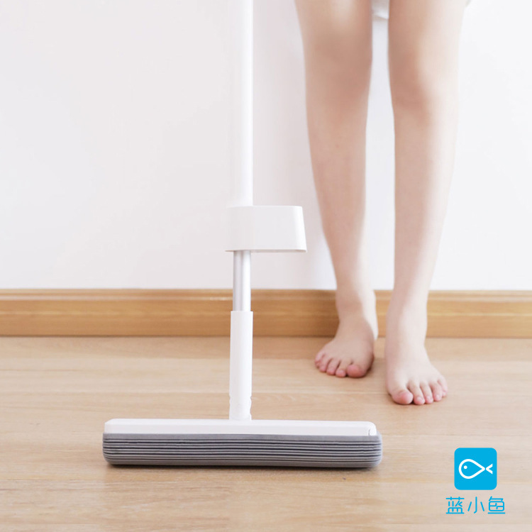 Blue Little Fish Hand-Free Sponge Mop with Cotton Head, Aluminum Handle, Absorbent Vertical Mop with Squeeze Roller, Lazy Mop