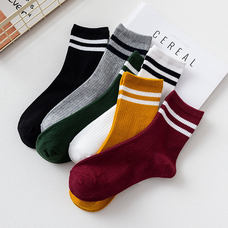 New Autumn and Winter Socks, Classic Striped Two-Bar Socks for Women, Versatile Pure Color Mid-Calf Women's Cotton Socks, Factory Direct Sales