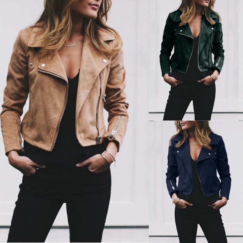 wish Amazon AliExpress autumn and winter New popular European and American solid color women's lapel oblique zipper short women's coat