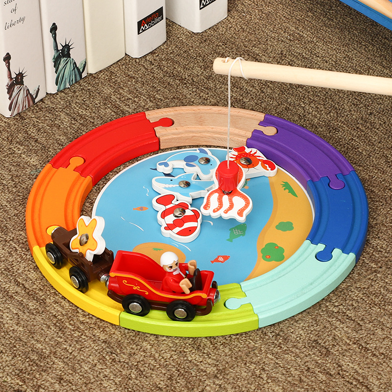 Rainbow magnetic wooden train with accessories for fishing railed