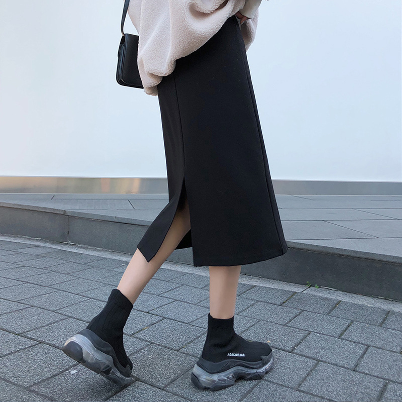 Pregnant Women's Belly-supporting Skirt Mid-length Pregnant Women's Dress Korean Style Skirt Split A- shaped One-step Skirt Autumn and Winter fleece-lined